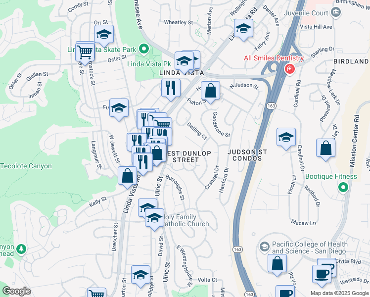 map of restaurants, bars, coffee shops, grocery stores, and more near 2249-51 West Dunlop Street in San Diego