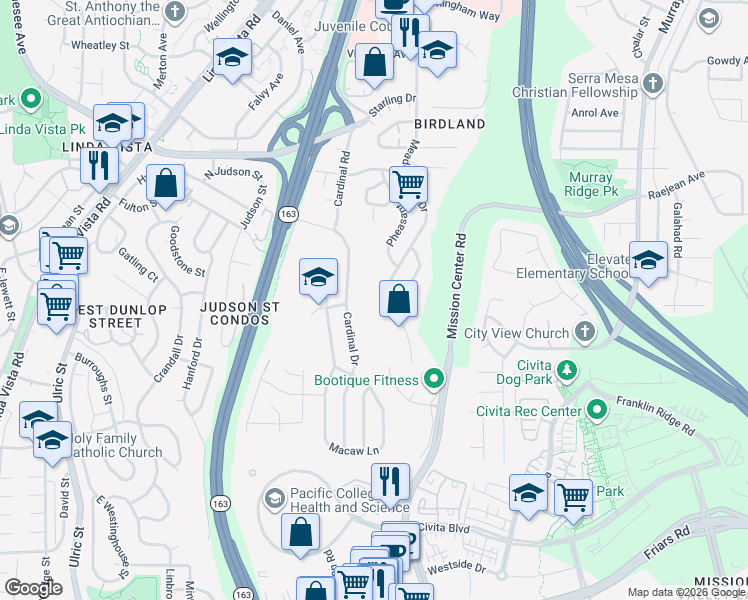 map of restaurants, bars, coffee shops, grocery stores, and more near 7955 Sevan Court in San Diego
