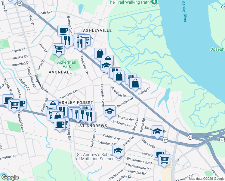 map of restaurants, bars, coffee shops, grocery stores, and more near 7 Stratford Road in Charleston