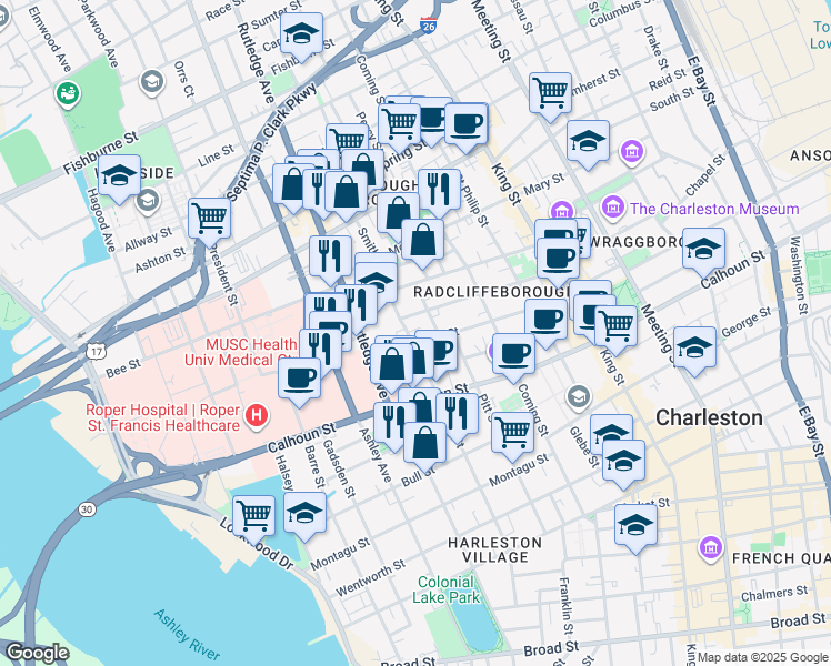 map of restaurants, bars, coffee shops, grocery stores, and more near 132 Smith Street in Charleston