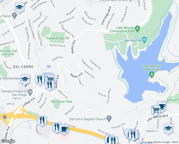 map of restaurants, bars, coffee shops, grocery stores, and more near 6550 Dwane Avenue in San Diego