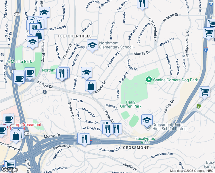map of restaurants, bars, coffee shops, grocery stores, and more near 5850 Gregg Court in La Mesa