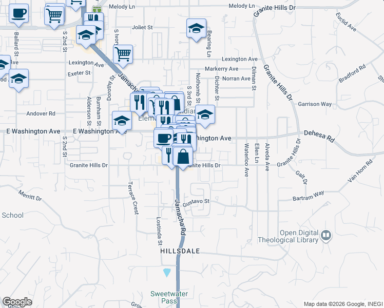 map of restaurants, bars, coffee shops, grocery stores, and more near 1506 Granite Hills Drive in El Cajon