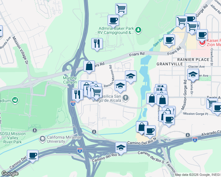 map of restaurants, bars, coffee shops, grocery stores, and more near 6151 Rancho Mission Road in San Diego