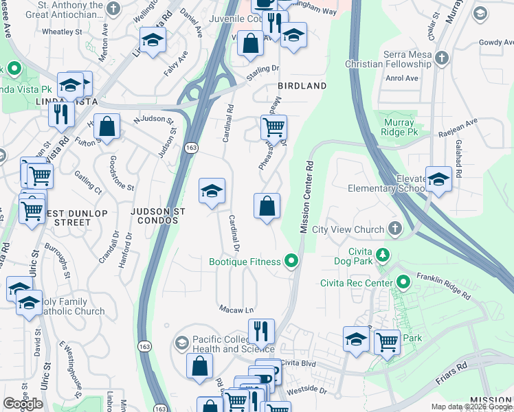 map of restaurants, bars, coffee shops, grocery stores, and more near 7955 Sevan Court in San Diego