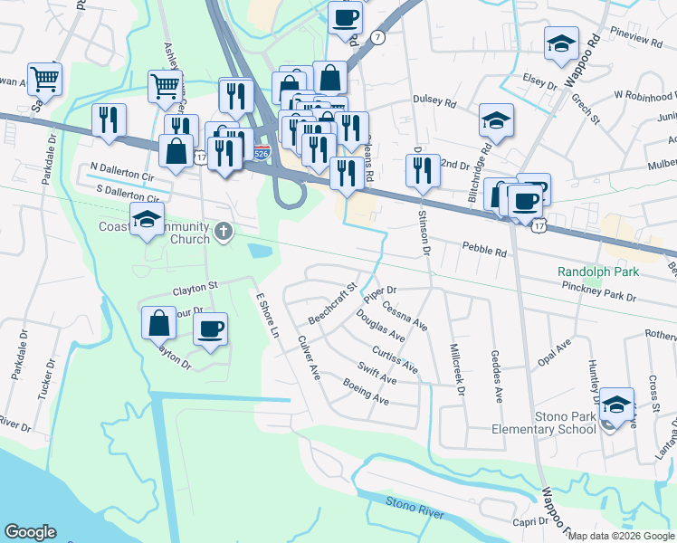 map of restaurants, bars, coffee shops, grocery stores, and more near 386 Culver Avenue in Charleston