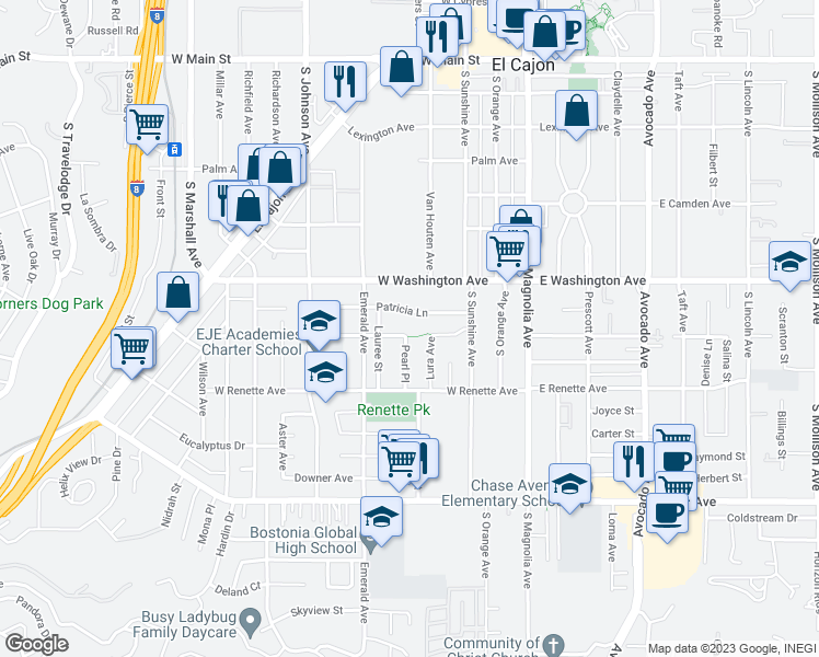 map of restaurants, bars, coffee shops, grocery stores, and more near 420 Grant Avenue in El Cajon