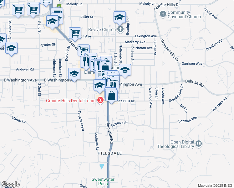 map of restaurants, bars, coffee shops, grocery stores, and more near 1516 Granite Hills Drive in El Cajon