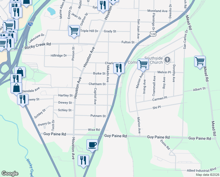 map of restaurants, bars, coffee shops, grocery stores, and more near 815 Toombs Street in Macon