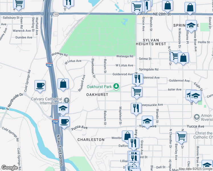 map of restaurants, bars, coffee shops, grocery stores, and more near 2309 Daisy Lane in Fort Worth