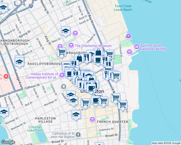 map of restaurants, bars, coffee shops, grocery stores, and more near 9 George Street in Charleston