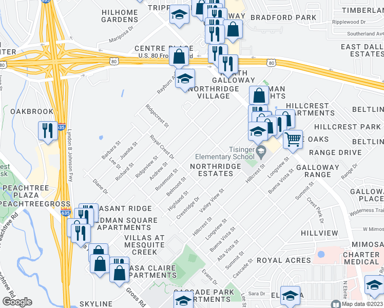 map of restaurants, bars, coffee shops, grocery stores, and more near 1525 Rosemont Street in Mesquite