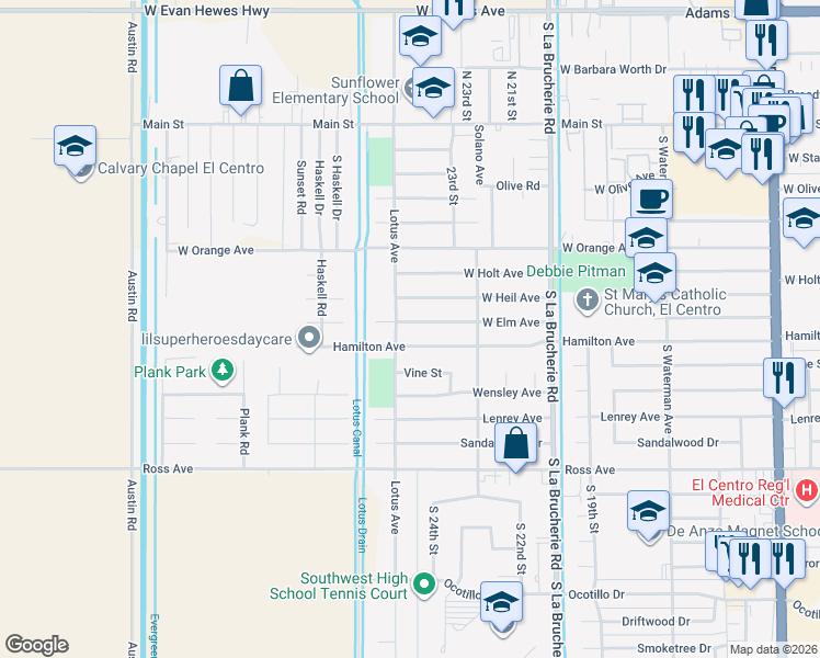 map of restaurants, bars, coffee shops, grocery stores, and more near 2467 Hamilton Avenue in El Centro