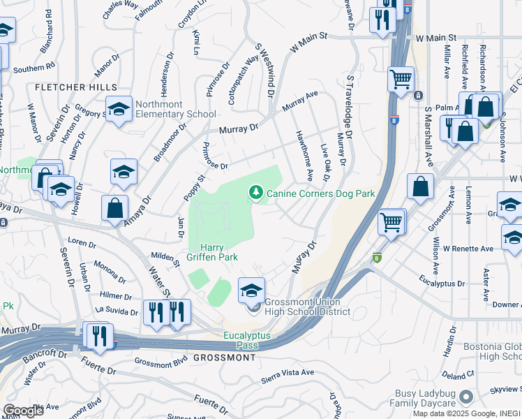 map of restaurants, bars, coffee shops, grocery stores, and more near 1688 Blackthorne Court in El Cajon