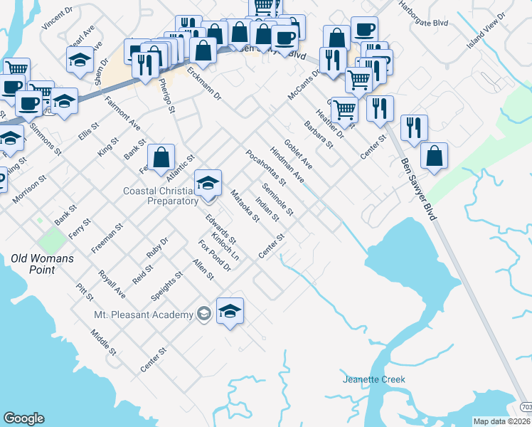map of restaurants, bars, coffee shops, grocery stores, and more near 1486 Mataoka Street in Mount Pleasant