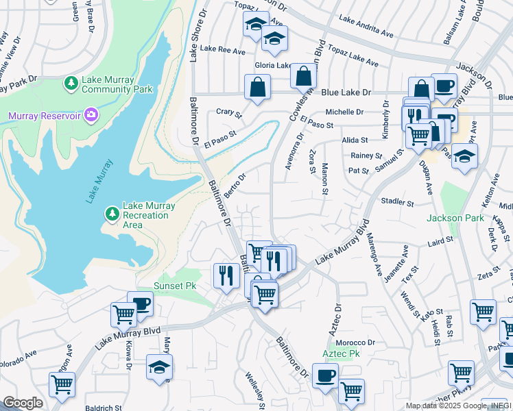 map of restaurants, bars, coffee shops, grocery stores, and more near 5715 Baltimore Drive in La Mesa