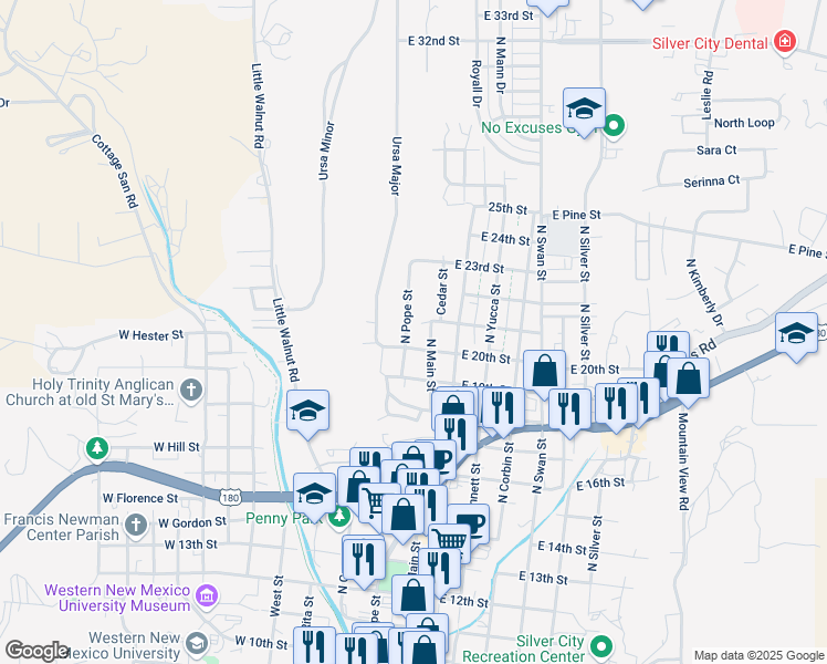 map of restaurants, bars, coffee shops, grocery stores, and more near 108 West 20th Street in Silver City