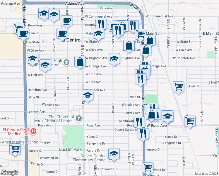 map of restaurants, bars, coffee shops, grocery stores, and more near 822 South 6th Street in El Centro