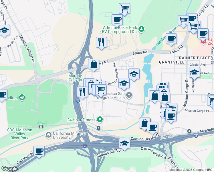map of restaurants, bars, coffee shops, grocery stores, and more near 6191 Rancho Mission Road in San Diego