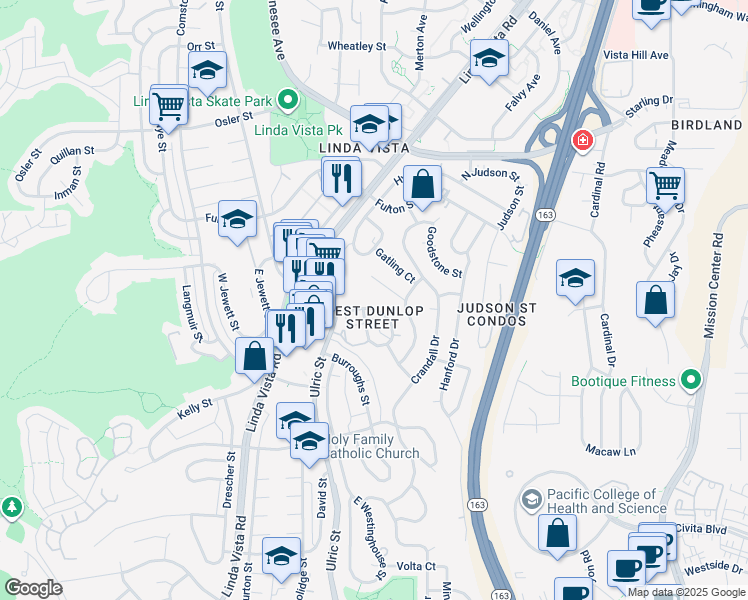 map of restaurants, bars, coffee shops, grocery stores, and more near 2229 Dunlop Street in San Diego