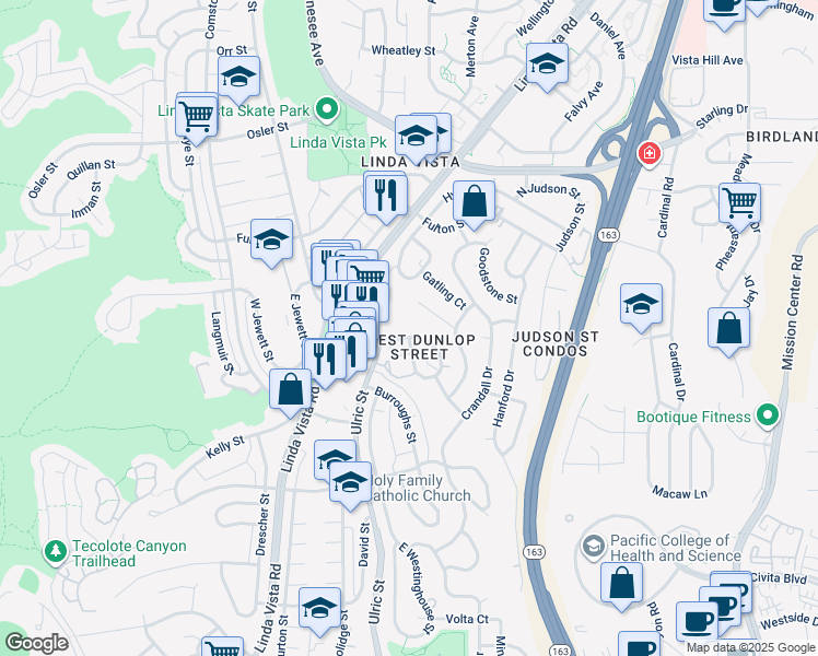 map of restaurants, bars, coffee shops, grocery stores, and more near 2282 West Dunlop Street in San Diego