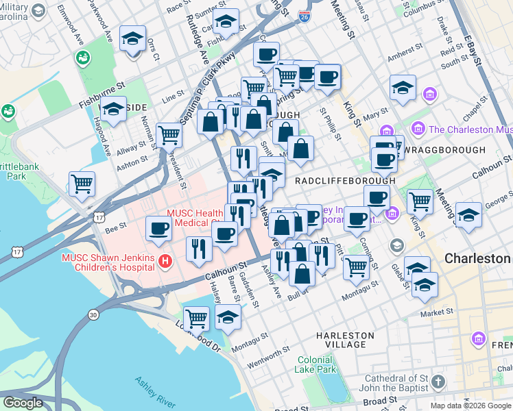 map of restaurants, bars, coffee shops, grocery stores, and more near Vanderhorst Street in Charleston
