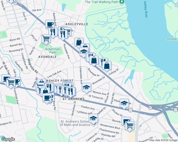 map of restaurants, bars, coffee shops, grocery stores, and more near 7 Stratford Road in Charleston