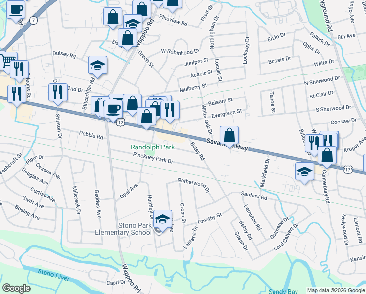 map of restaurants, bars, coffee shops, grocery stores, and more near 1665 Pearlott Street in Charleston