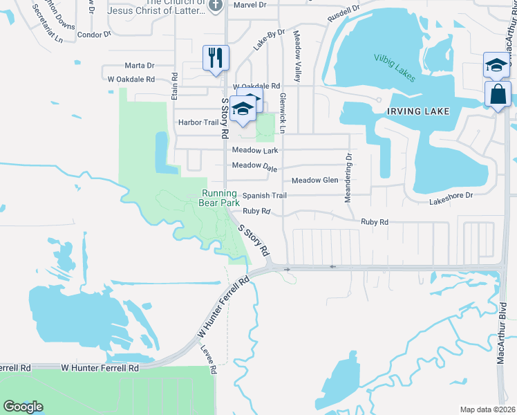 map of restaurants, bars, coffee shops, grocery stores, and more near 2224 Ruby Road in Irving