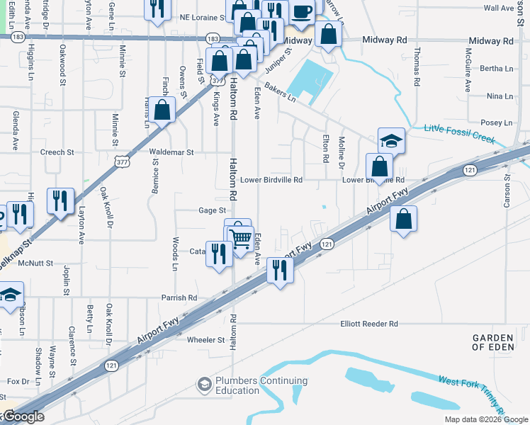 map of restaurants, bars, coffee shops, grocery stores, and more near 1911 Eden Avenue in Haltom City