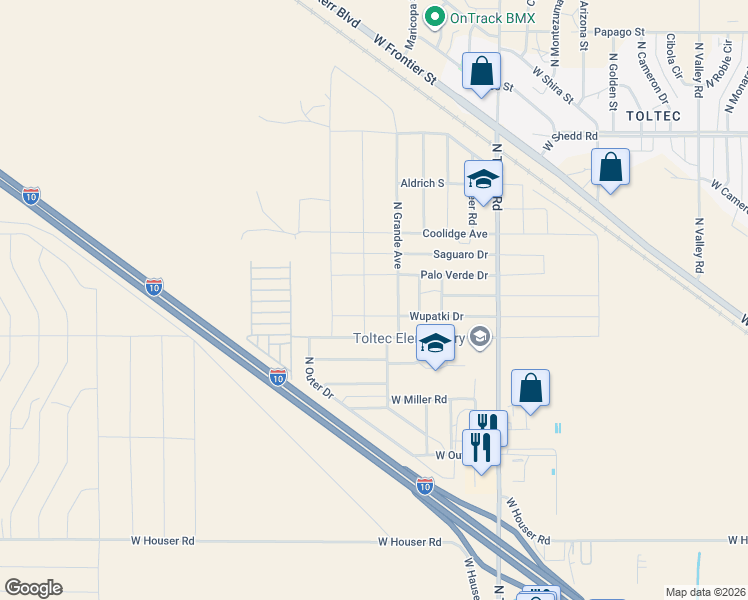 map of restaurants, bars, coffee shops, grocery stores, and more near 3520 Rio Drive in Eloy
