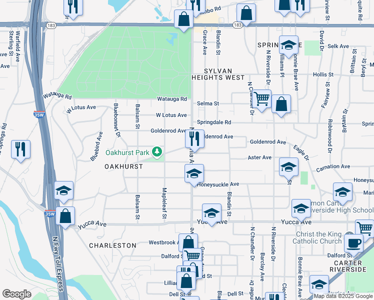 map of restaurants, bars, coffee shops, grocery stores, and more near 2529 Carnation Avenue in Fort Worth