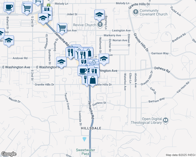 map of restaurants, bars, coffee shops, grocery stores, and more near 1518 Granite Hills Drive in El Cajon