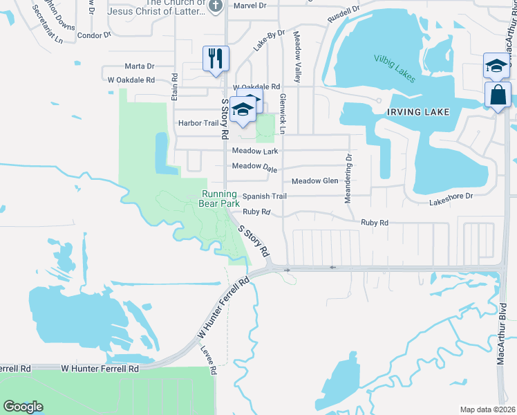 map of restaurants, bars, coffee shops, grocery stores, and more near 2224 Ruby Road in Irving