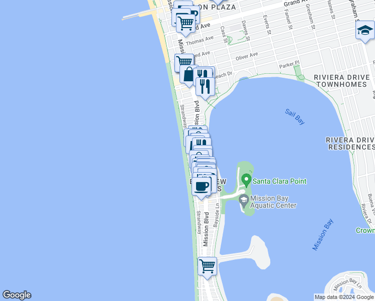 map of restaurants, bars, coffee shops, grocery stores, and more near 3865 Ocean Front Walk in San Diego