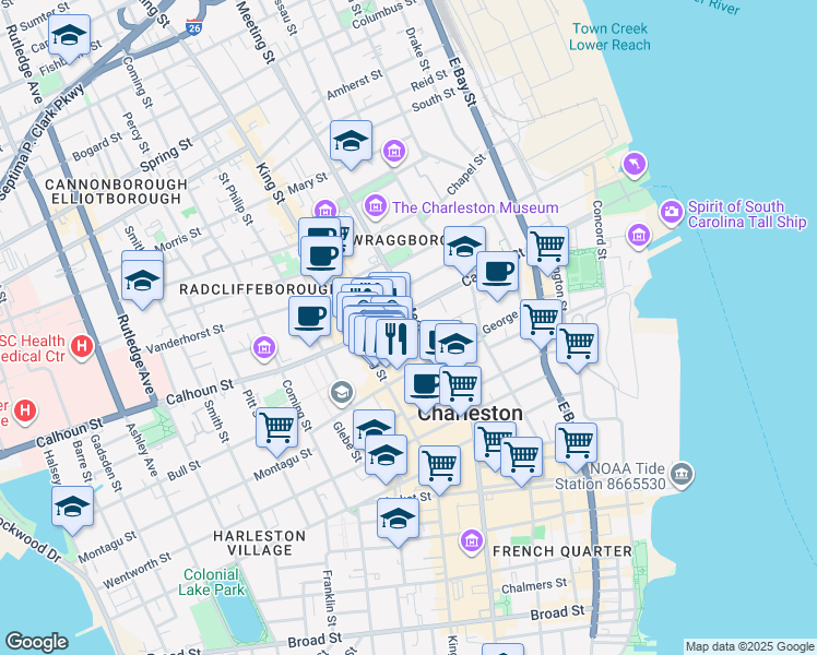 map of restaurants, bars, coffee shops, grocery stores, and more near 309 Meeting Street in Charleston