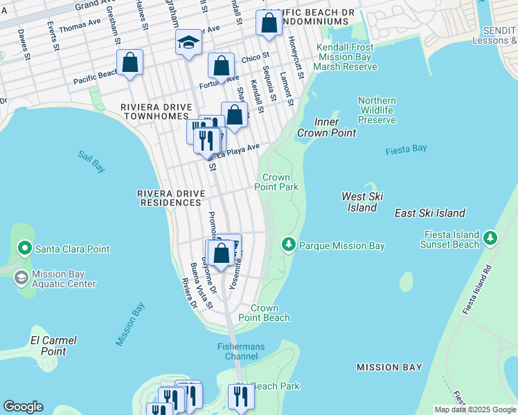 map of restaurants, bars, coffee shops, grocery stores, and more near 3646 Crown Point Drive in San Diego