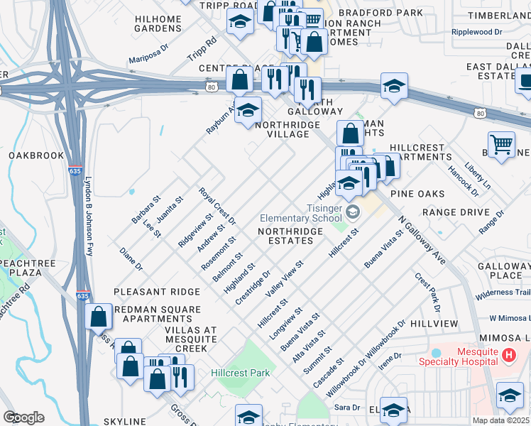map of restaurants, bars, coffee shops, grocery stores, and more near 1519 Belmont Street in Mesquite