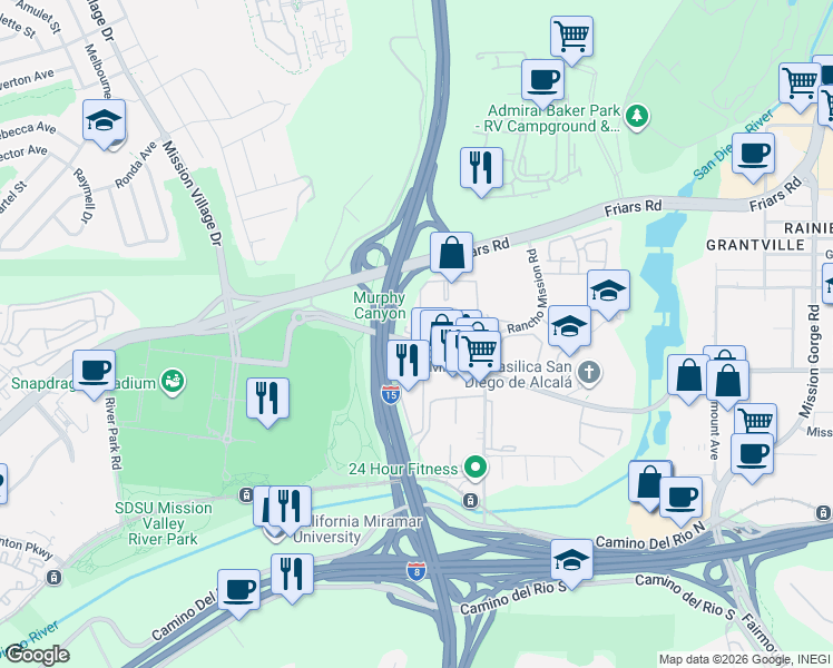map of restaurants, bars, coffee shops, grocery stores, and more near 10210 San Diego Mission Road in San Diego