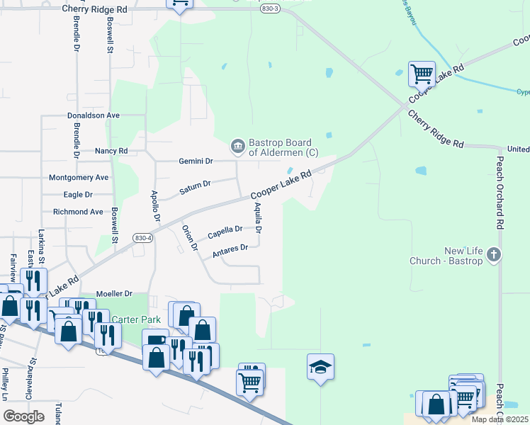 map of restaurants, bars, coffee shops, grocery stores, and more near 906 Aquila Drive in Bastrop
