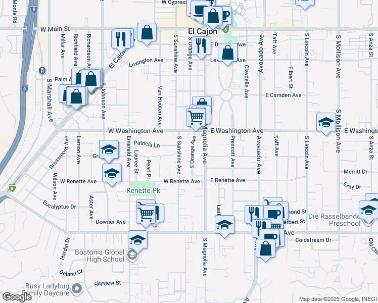 map of restaurants, bars, coffee shops, grocery stores, and more near 822 South Orange Avenue in El Cajon