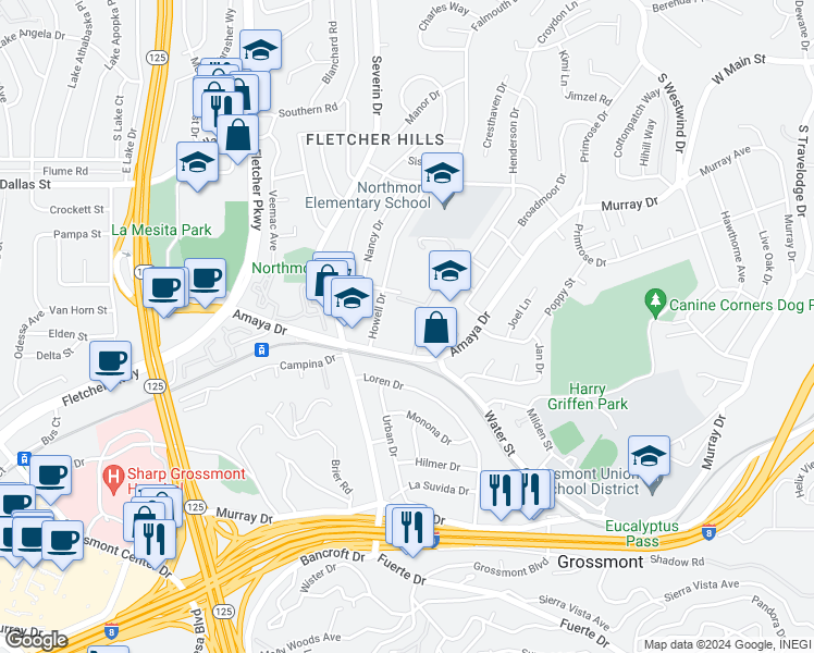 map of restaurants, bars, coffee shops, grocery stores, and more near 5810 Amaya Drive in La Mesa