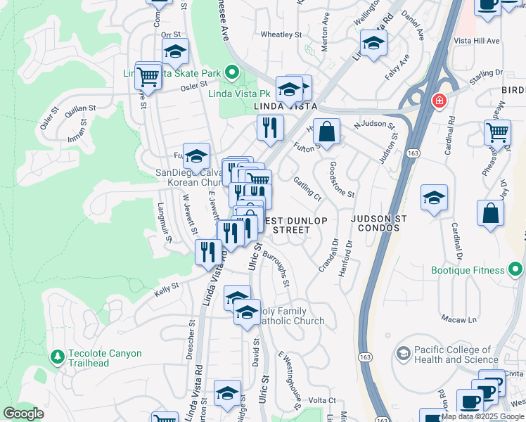 map of restaurants, bars, coffee shops, grocery stores, and more near 6941 Linda Vista Road in San Diego