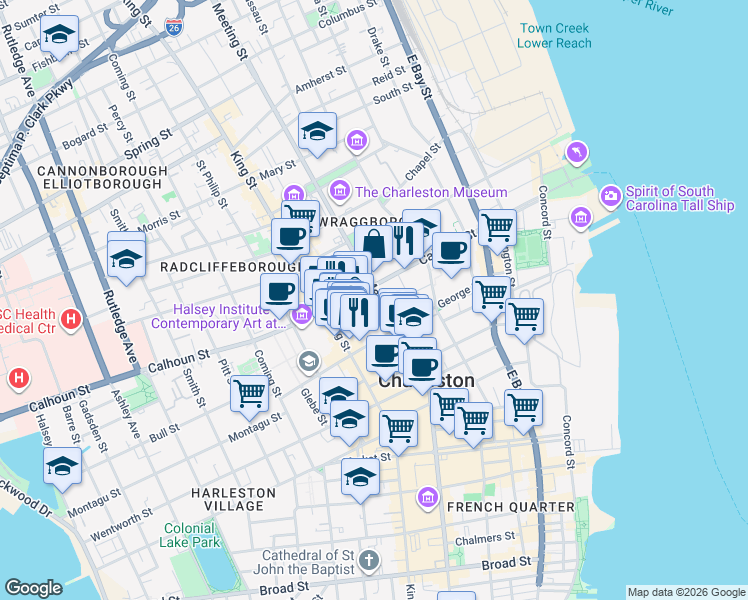 map of restaurants, bars, coffee shops, grocery stores, and more near 296 Meeting Street in Charleston