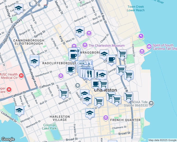 map of restaurants, bars, coffee shops, grocery stores, and more near 21 Burns Lane in Charleston
