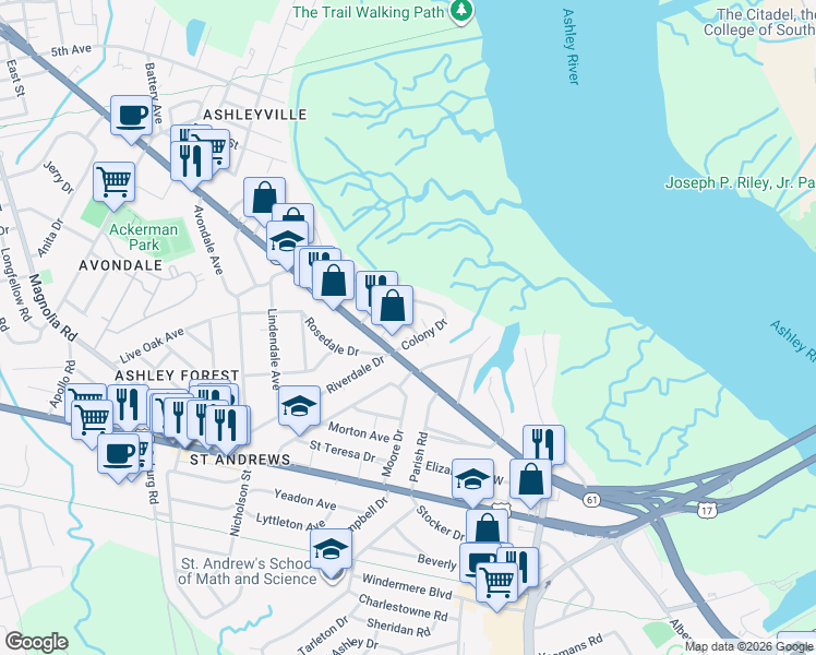 map of restaurants, bars, coffee shops, grocery stores, and more near 632 Saint Andrews Boulevard in Charleston