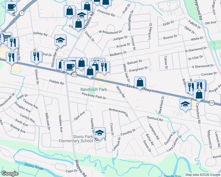map of restaurants, bars, coffee shops, grocery stores, and more near 1665 Pearlott Street in Charleston