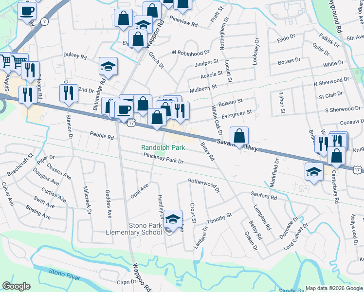 map of restaurants, bars, coffee shops, grocery stores, and more near 1665 Pearlott Street in Charleston