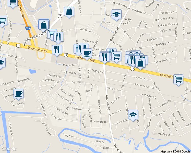 map of restaurants, bars, coffee shops, grocery stores, and more near 1826 Piper Drive in Charleston