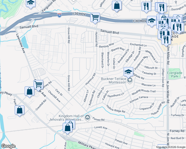 map of restaurants, bars, coffee shops, grocery stores, and more near 7140 Hunnicut Circle in Dallas